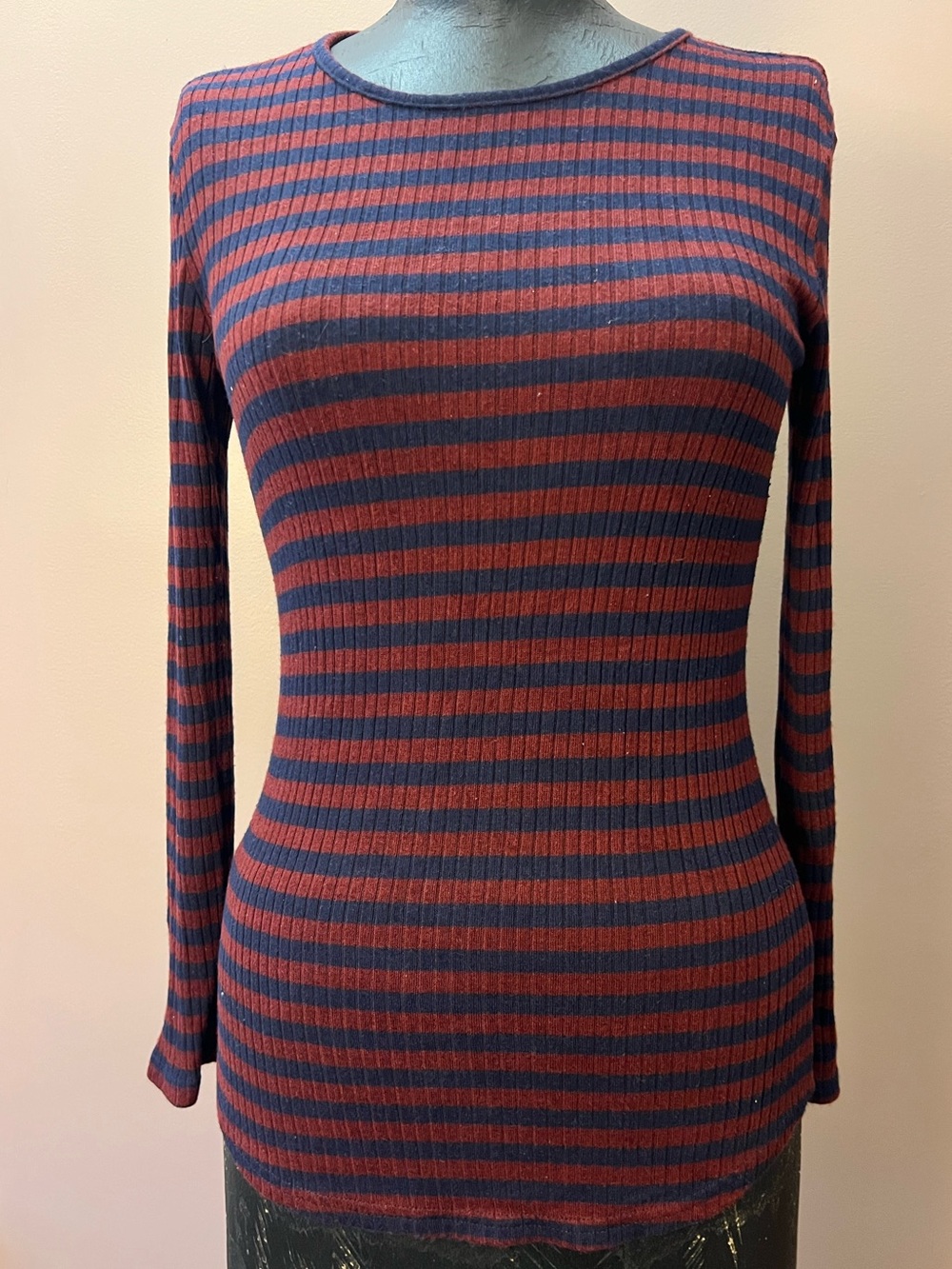 Frame Denim Red & Navy Striped Ribbed Long Sleeve Top Size Small